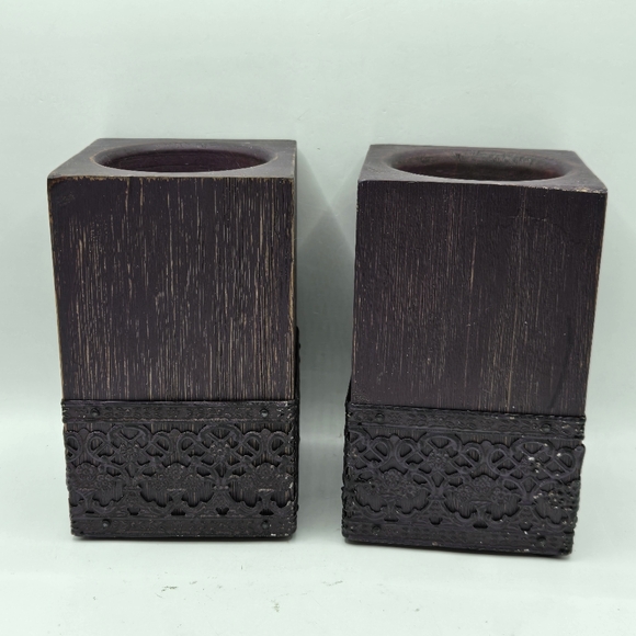Pair Of Wooden Sugar Mold Wood Candle Holder Primitive Dark Purple 5" H - Picture 7 of 16